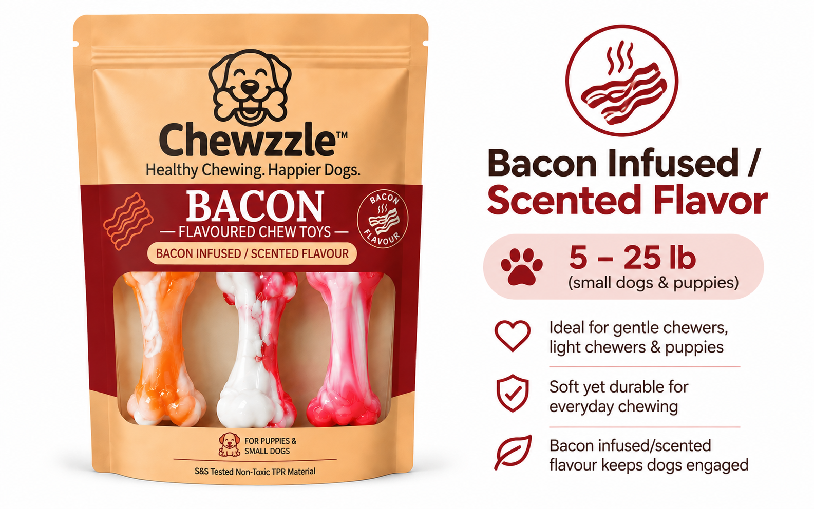 Chewzzle bacon-flavored three-bone pack